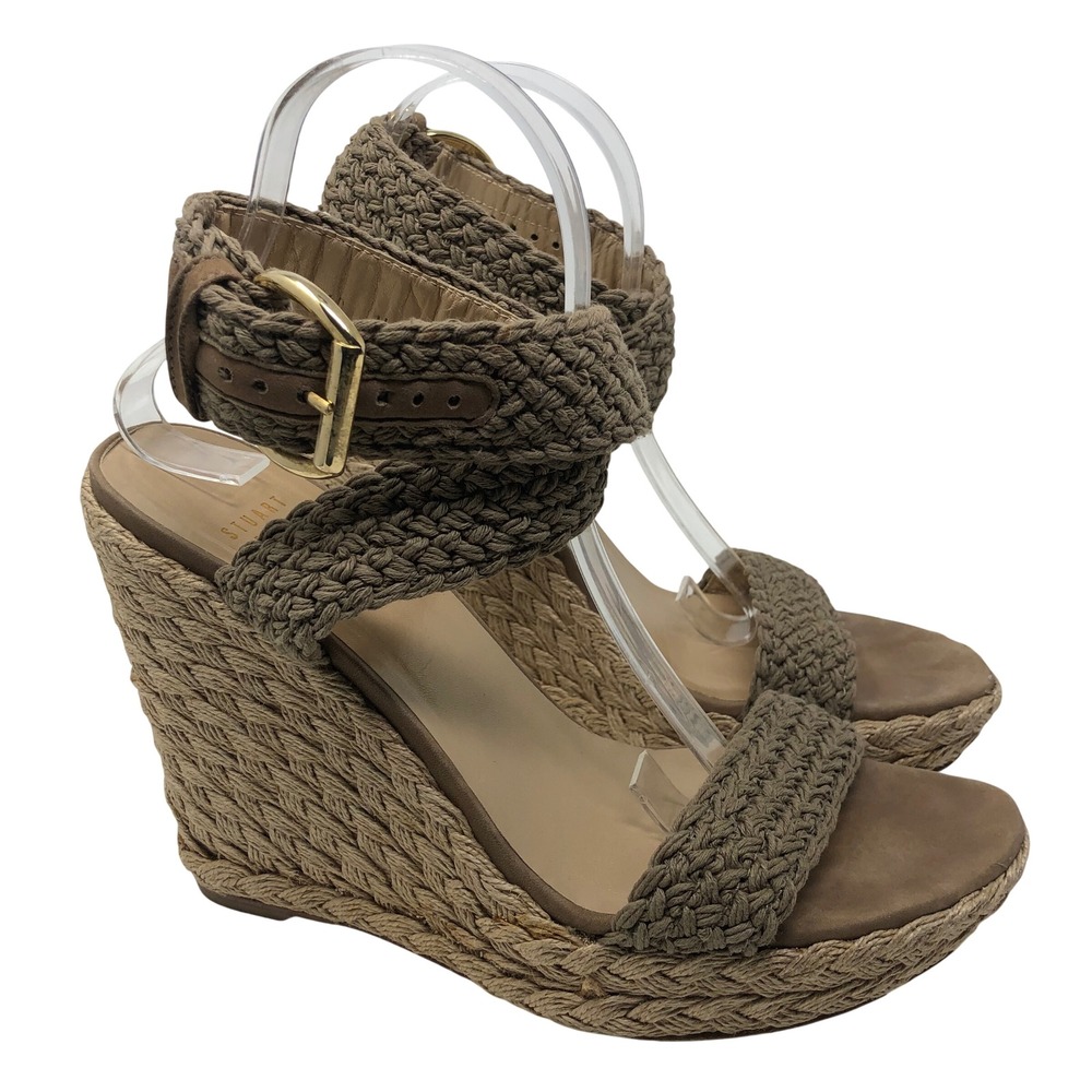 Stuart Weitzman Wedge Sandals Womens 10 Tan Espadrille Woven Ankle Strap A06617